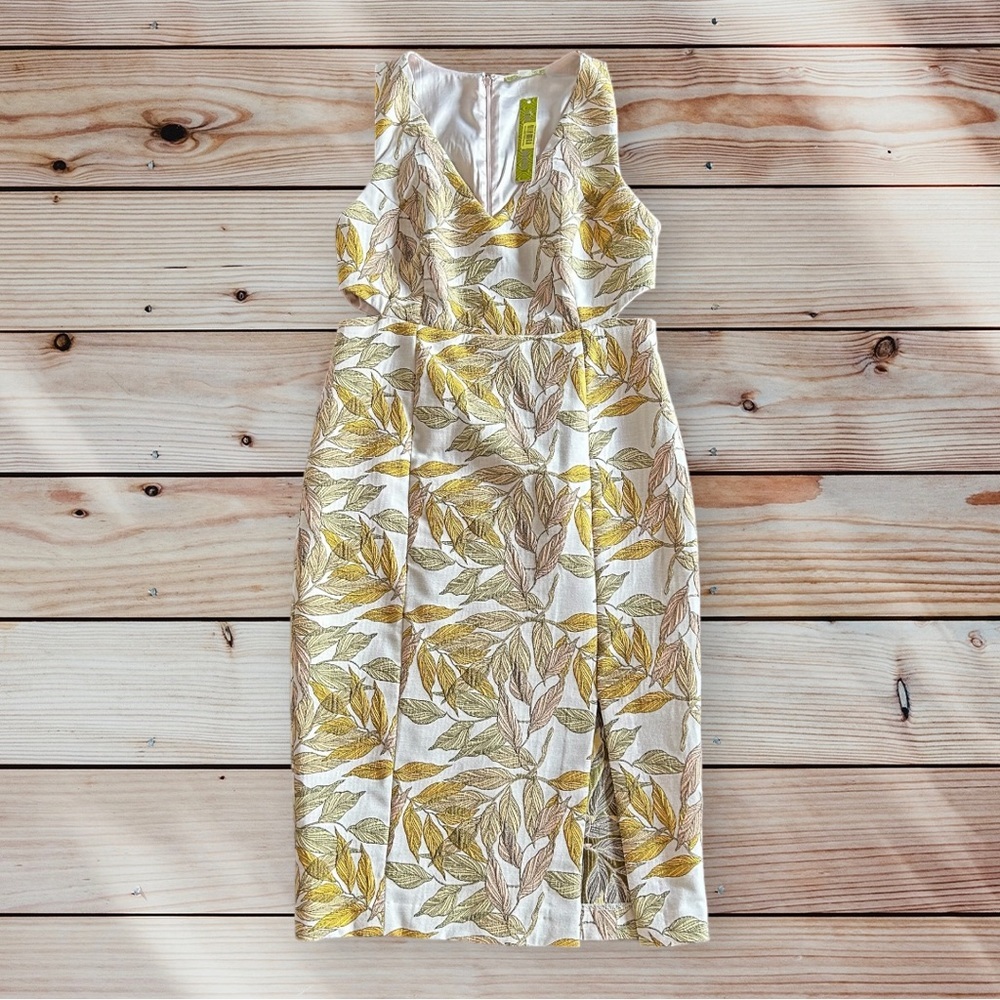 GIANNI BINI Women’s Open Sided Leaf Print Midi Pencil Dress in Gold/Beige/Tan